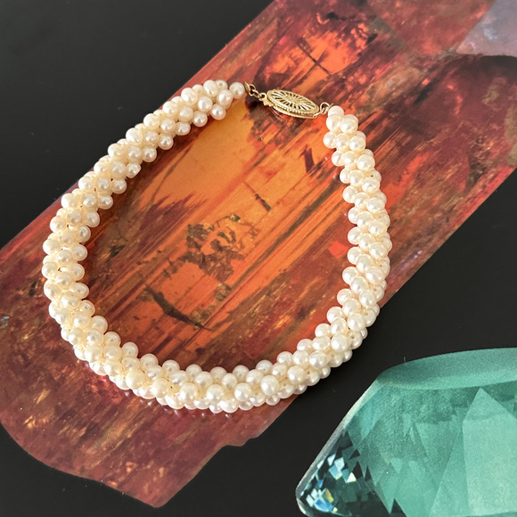 Vintage 14K Yellow Gold Genuine Real Pearl Multi Row Cluster Bracelet 7.75" - Picture 4 of 16